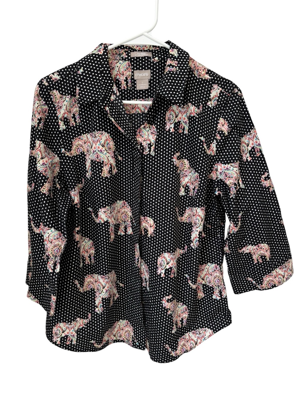 Chicos No-Iron Stain Shield Elephant Novelty Print Top Women’s 8-10 Polka Dot